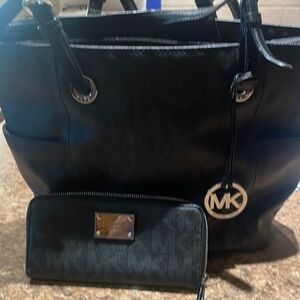 Michael Kors Black Leather Tote with Matching Wallet SET